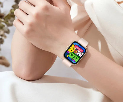 Smart watch with 1.7-inch HD colour touch screen on wrist, showing heart rate data and Bluetooth call interface