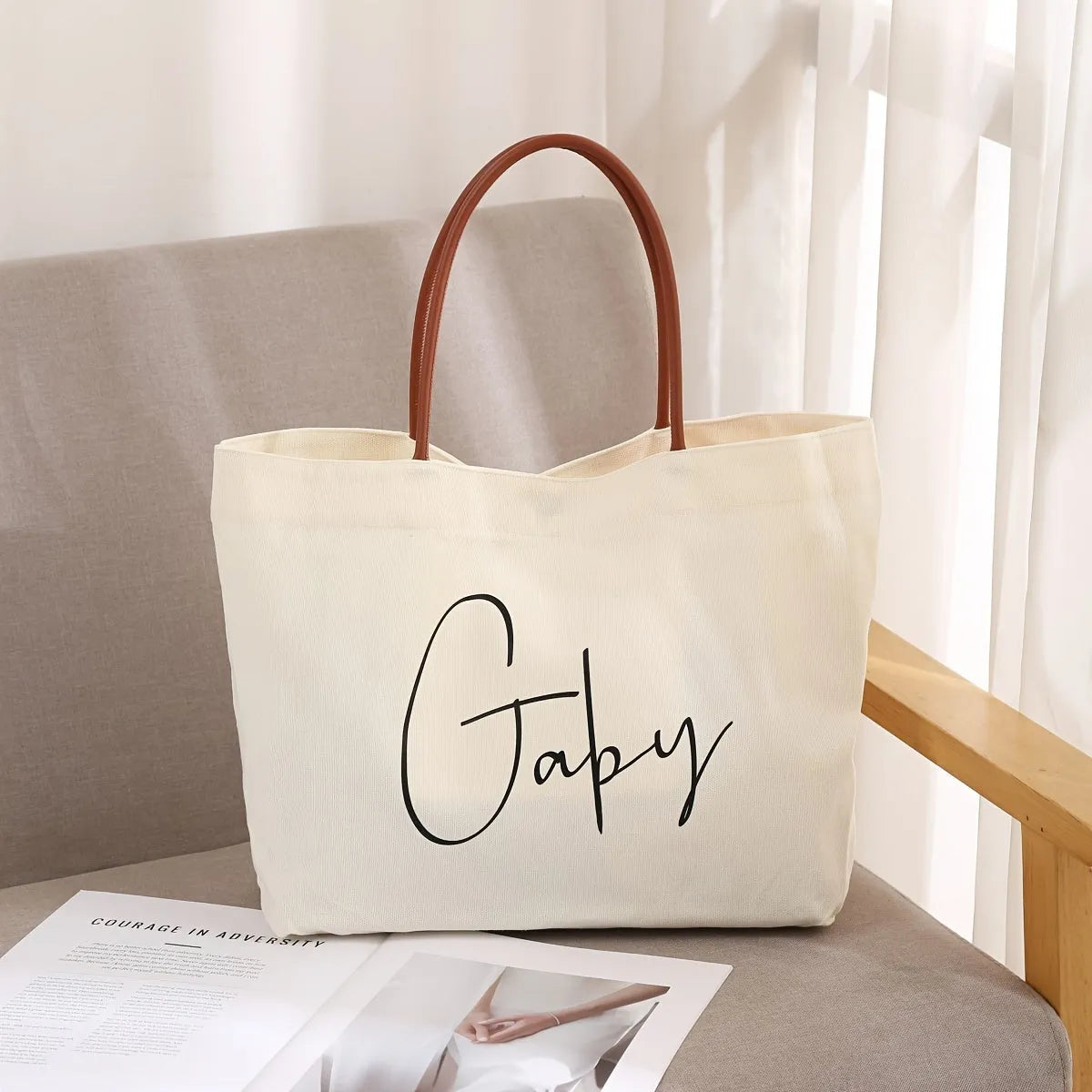 Natural cotton canvas tote bag with strong handles in beige white colour