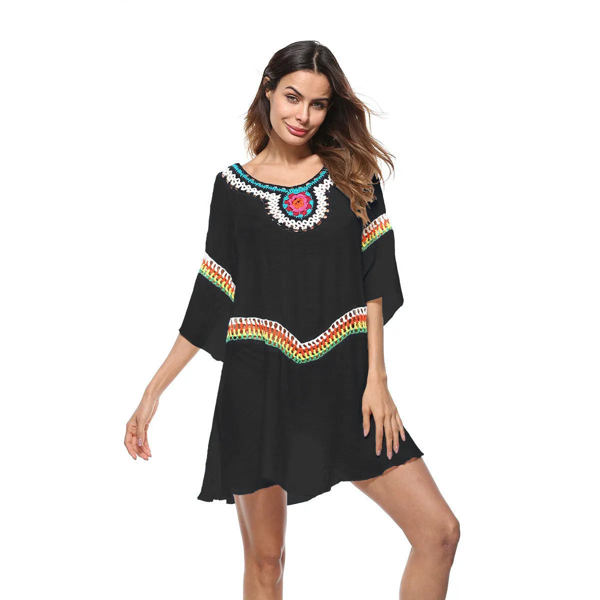 Women's crocheted ethnic style beach cover-up top in apricot colour, for sun protection.