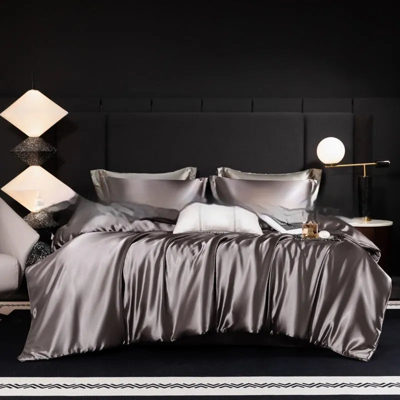 Household Fashion 100% silk bed sheet four-piece set in seven colour options showing fitted sheet, flat sheet and pillowcases