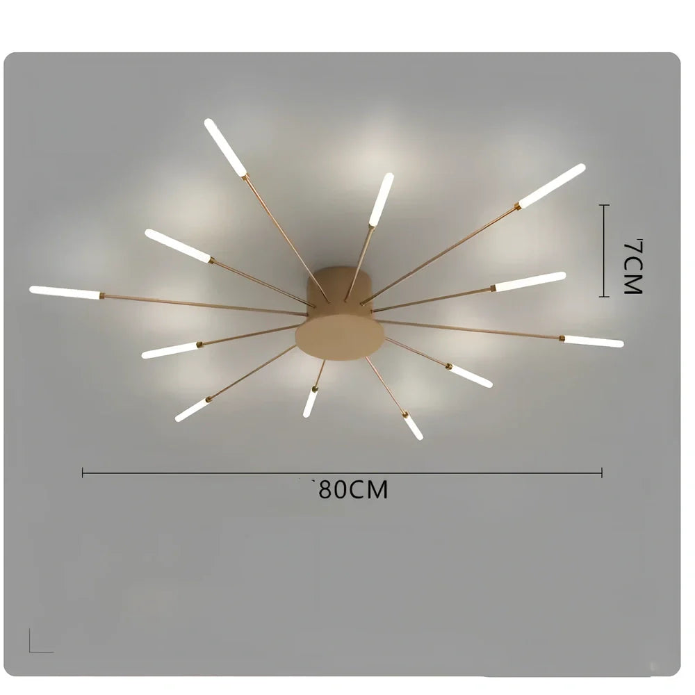 Ceiling room light with decorative iron framework and multiple bulb heads in gold or sand black finish