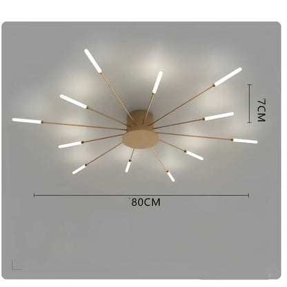 Ceiling room light with decorative iron framework and multiple bulb heads in gold or sand black finish