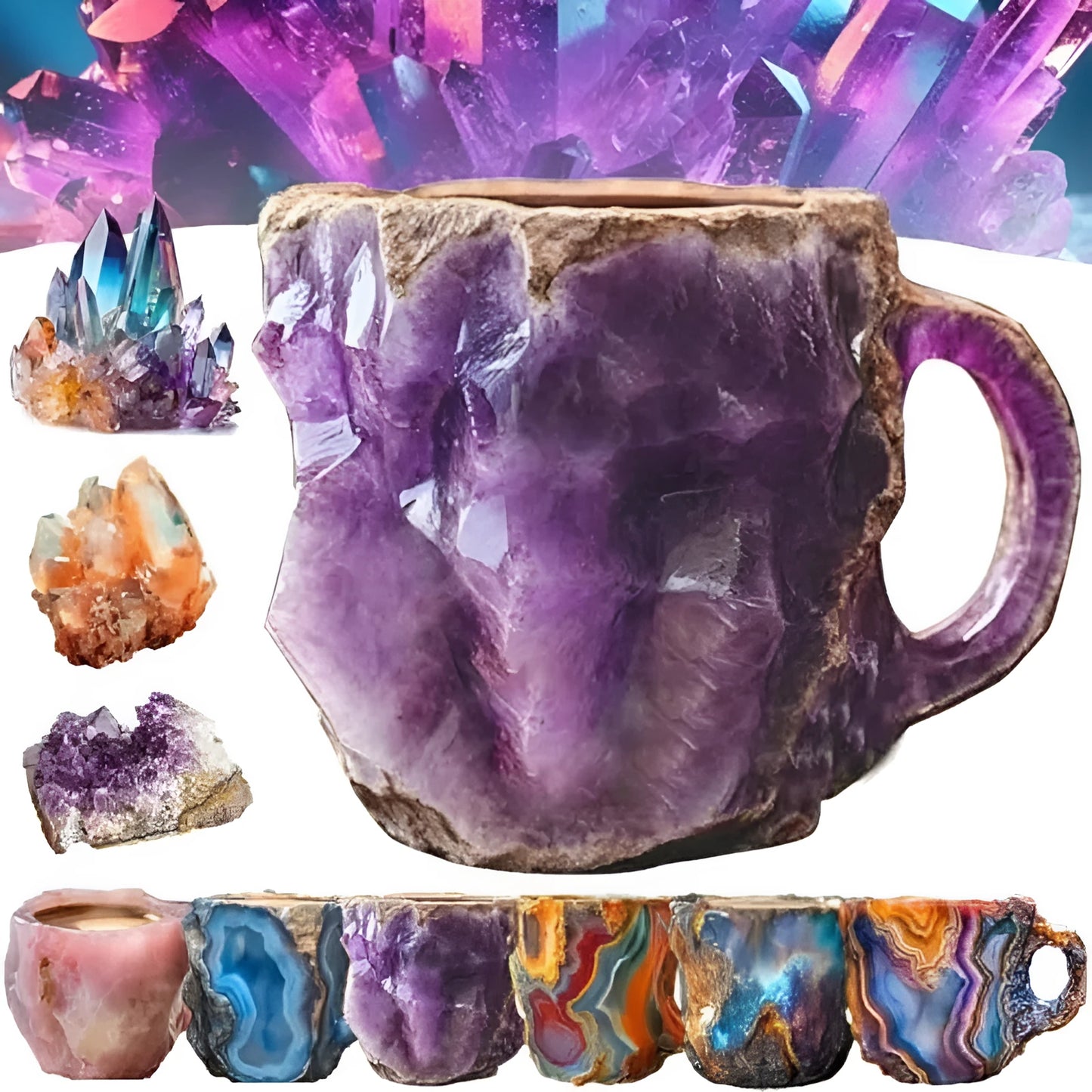 400ml resin mineral crystal coffee mug with handle in assorted colours including purple, blue, and pink.