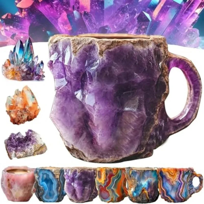 Purple resin coffee mug with 3D crystal pattern showing ergonomic handle and 400ml capacity