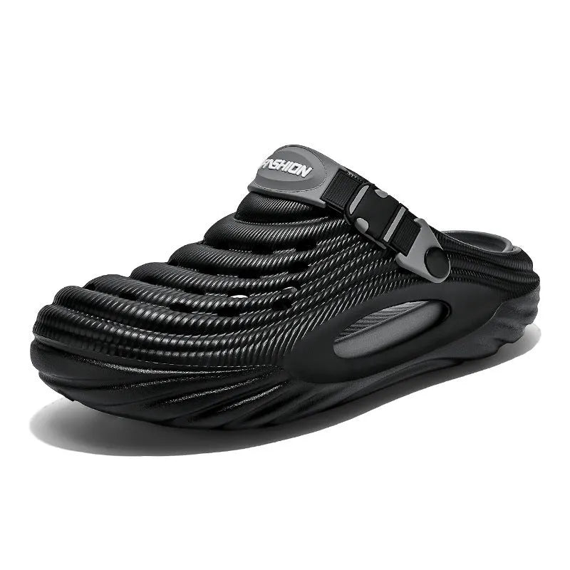 Men's solid colour casual platform slippers in EVA with a hollow-out design.