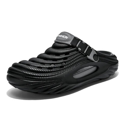 Men's solid colour casual platform slippers in EVA with a hollow-out design.