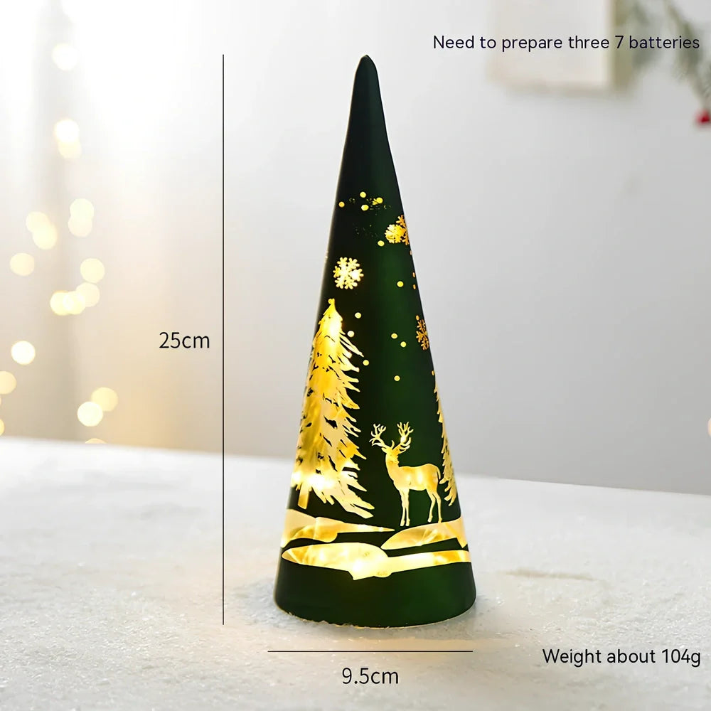 Glass Christmas desktop decoration showing tree, cone, and cup designs in various colours