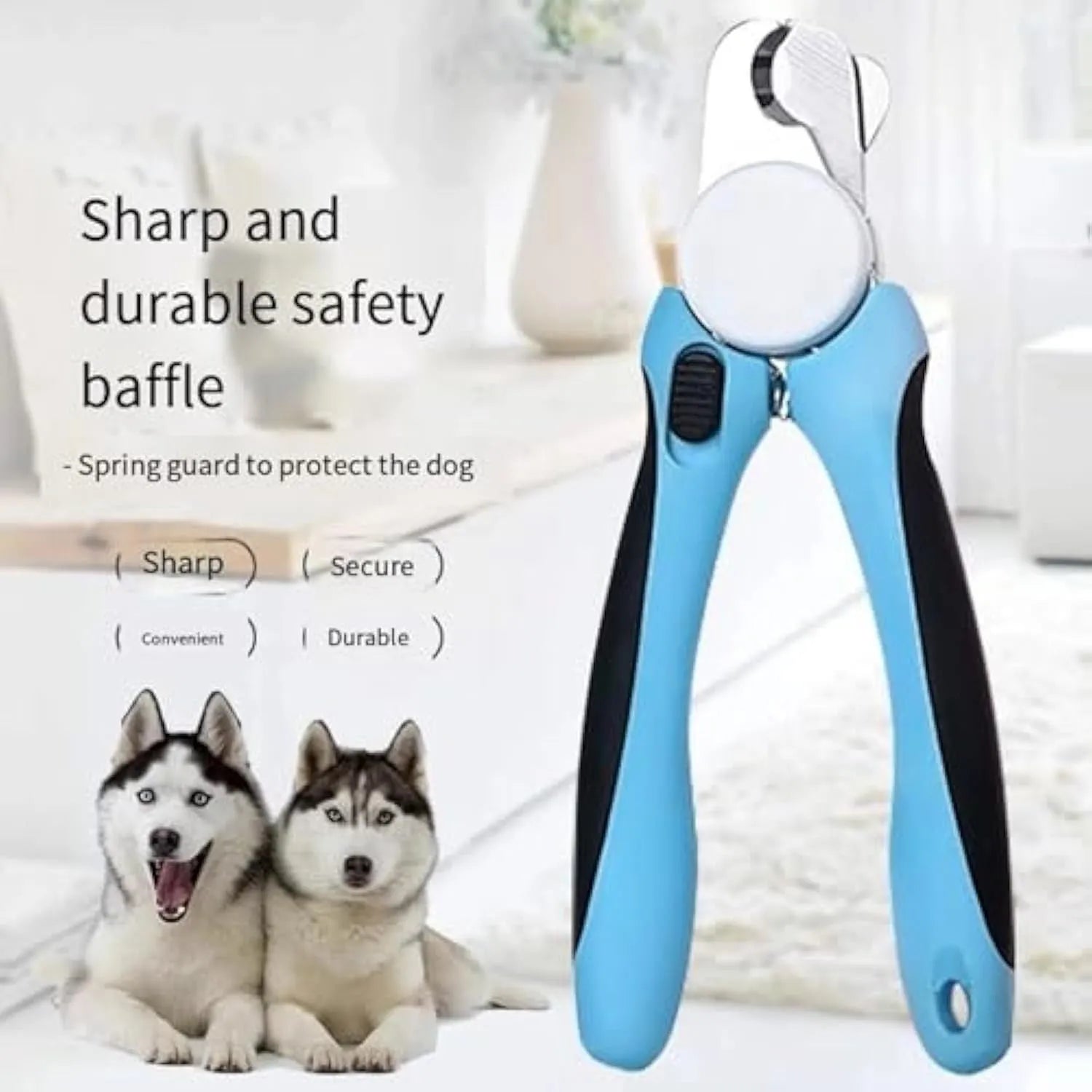 Blue heavy-duty dog nail clippers with safety guard on a white background, showing ergonomic handles.