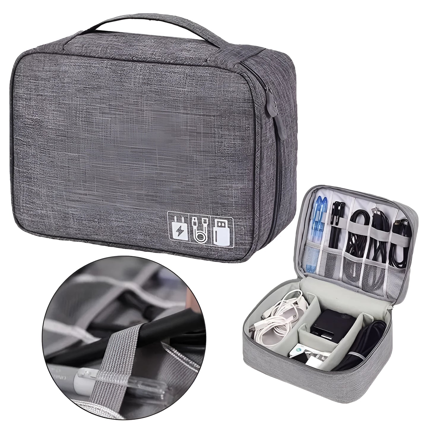 Black travel cable organiser bag open, showing mesh pockets, elastic loops, and removable padded dividers inside.