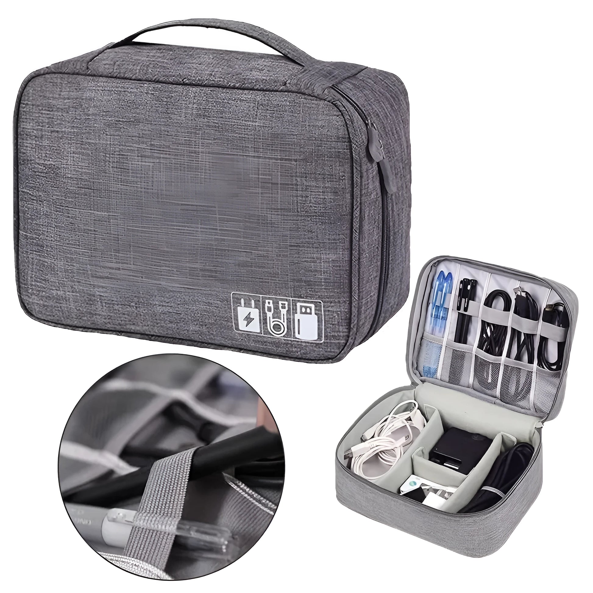 Black travel cable organiser bag open, showing mesh pockets, elastic loops, and removable padded dividers inside.