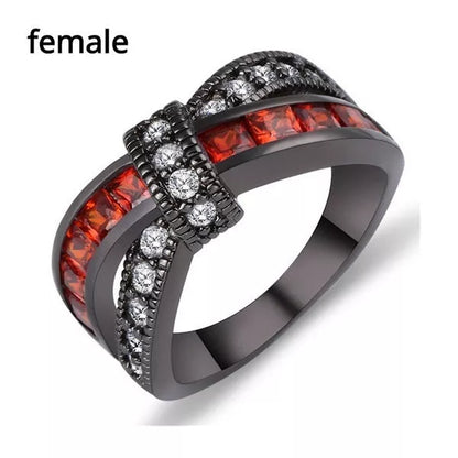 Black Gold Garnet Red Cross Zircon Ring with geometric design and red gemstone inlay