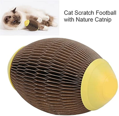 Ellipse-shaped recycled corrugated paper cat toy football with scratch surface and pull-open catnip compartment.