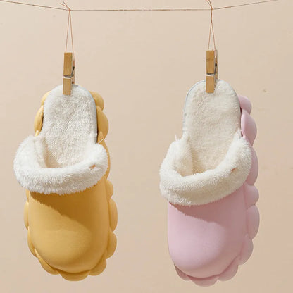 Waterproof EVA winter slippers with plush lining, detachable overshoes in pink, yellow, green, grey, black.