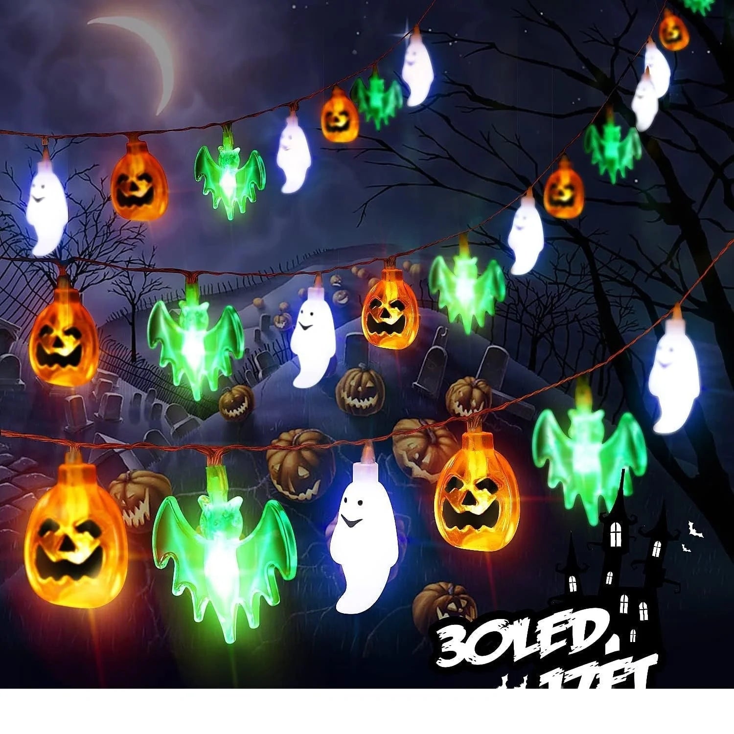 LED Halloween string lights with pumpkin, spider, bat, and skull designs for indoor and outdoor decor