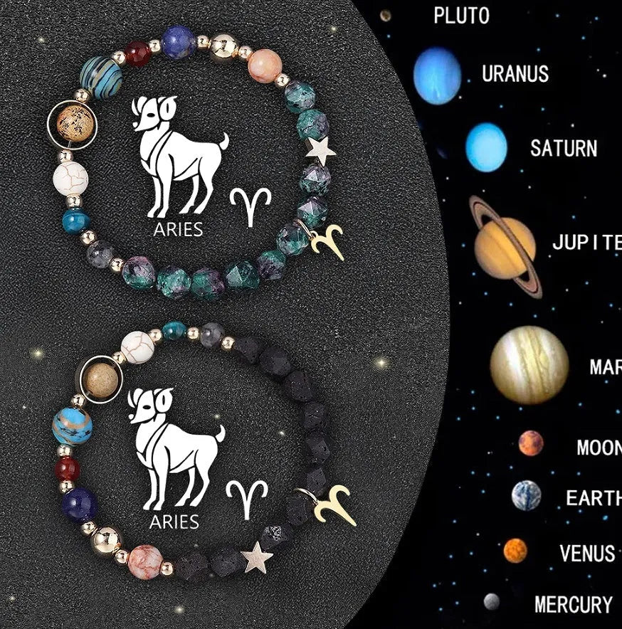 Two natural stone zodiac bracelets with adjustable cords showing sliding knot mechanism and zodiac bead details