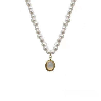 Adjustable French Court vintage pearl necklace with geometric design on alloy chain, showing length variation