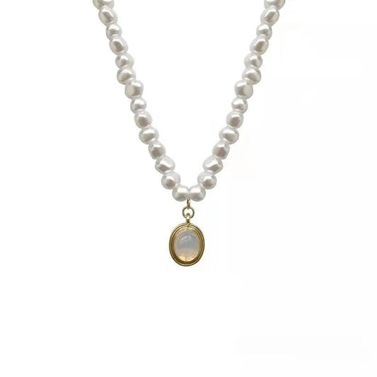 Adjustable French Court vintage pearl necklace with geometric design on alloy chain, showing length variation