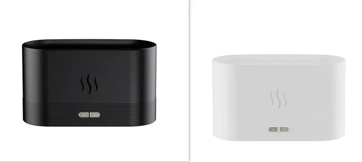 Square black aroma diffuser with flame light effect and mist output, 75x75x137mm