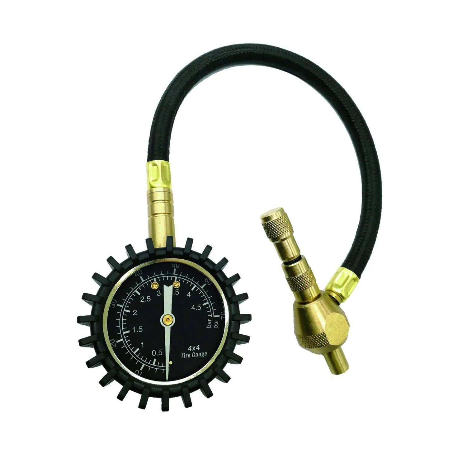 Red and black mechanical automobile tyre pressure gauge with metal body and rubber shell.