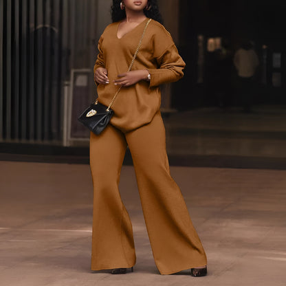 Women's brown suede two-piece suit with split sleeves and trousers, sizes S to 3XL