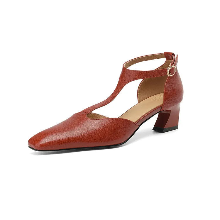 Wine red women's chunky heel shoes with a square toe and sheepskin leather upper.