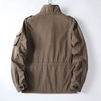 Men's loose-fit cotton zip jacket in retro style showing black, army green, and coffee colour options