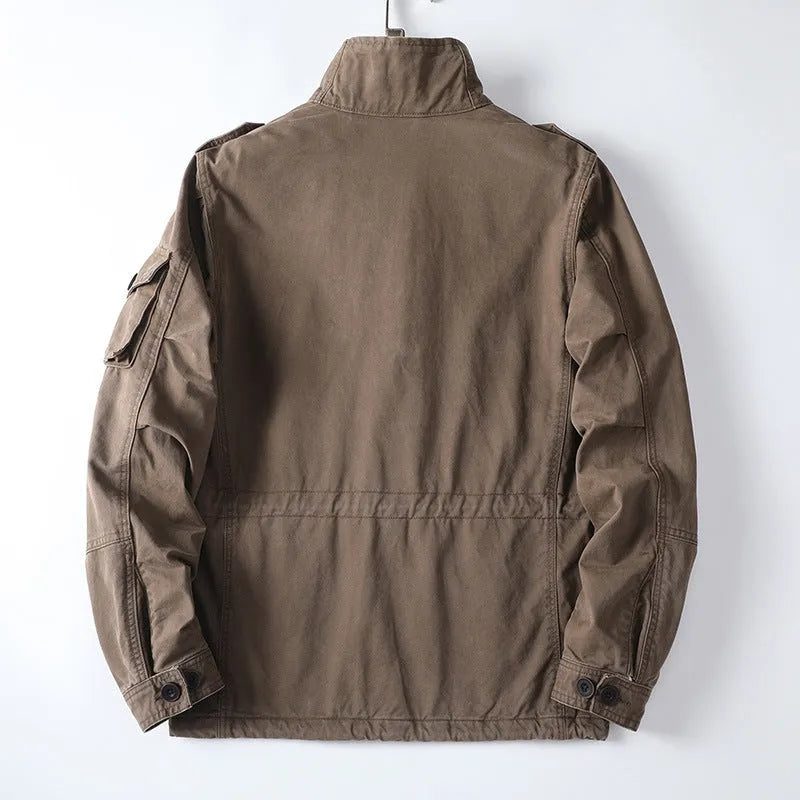 Men's casual zip-up jacket loose-fit cotton twill coat in retro style available in black, light army green, and light coffee colour with size range from S to 5XL with Asian sizing note and manual measurement tolerance