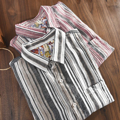 Men's striped linen shirt in red and grey colours with long sleeves and loose fit