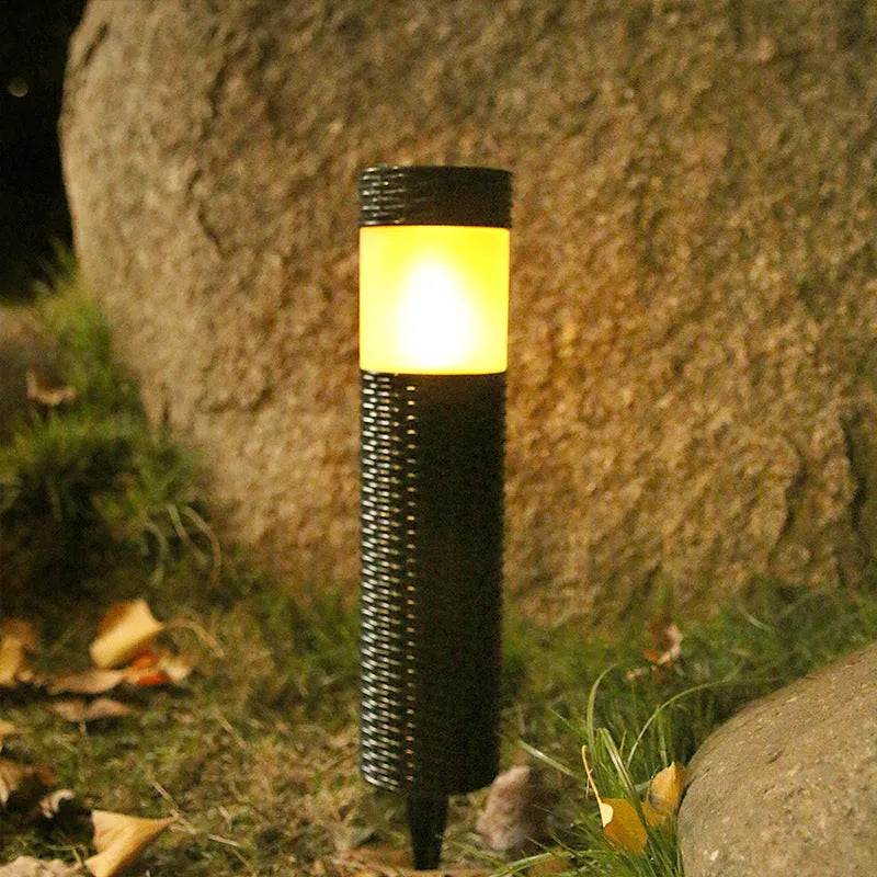 Outdoor waterproof garden light with 5W LED bulb, IP-rated rainproof protection for courtyard and villa decor, abstract sculptural design measuring 65mm diameter by 350mm height providing simulation flame, warm light or white light illumination options