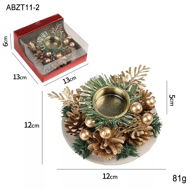 Christmas candlestick wreath with artificial pinecones and fake leaves for holiday decor