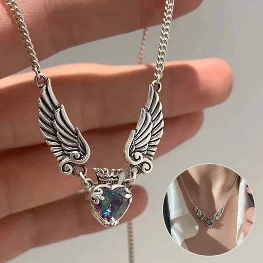 Gothic Heart Crown Angel Wings Pendant Necklace for women featuring a unique design with crystal inlays.