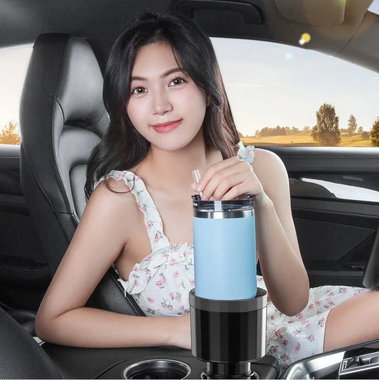 Matte black car cup holder expander with adjustable base for oversized bottles up to 12cm diameter