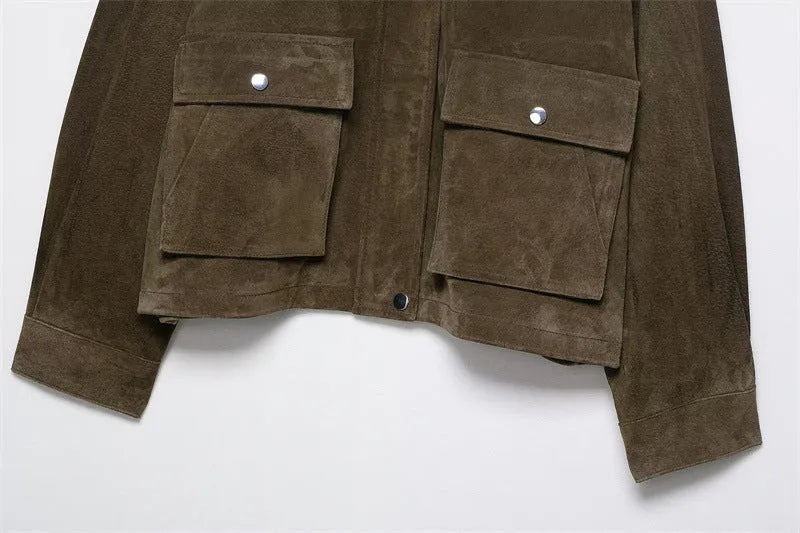 Women's picture colour PU jacket coat in a Japanese Korean casual style, shown on a hanger.