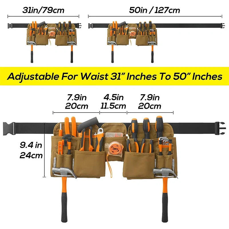 Adjustable Tool Belt in 900D Oxford Cloth with multiple pockets for tool organization