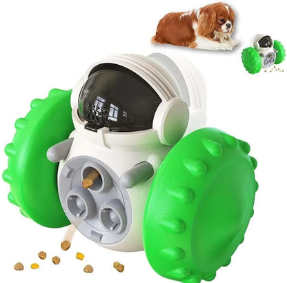 A small, robot-shaped, self-balancing dog treat dispenser toy in various colours, rolling on a floor.