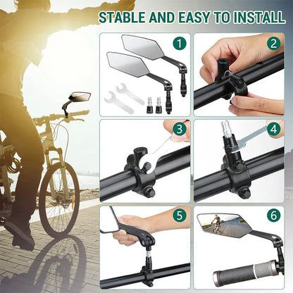 Black bicycle rearview mirror with 360 rotation adjustment for 2-2.4cm handlebars, shown with installation tools