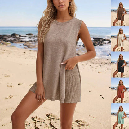 Stylish two-piece knit summer set with split-front vest top and matching shorts in a variety of vibrant colors