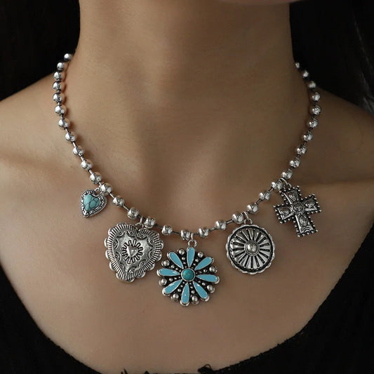 Personalized Turquoise Wax Rope Necklace with embossed Vintage Cross pendant