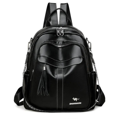 Genuine leather tassel backpack in khaki, black or brown with anti-theft pockets for casual travel