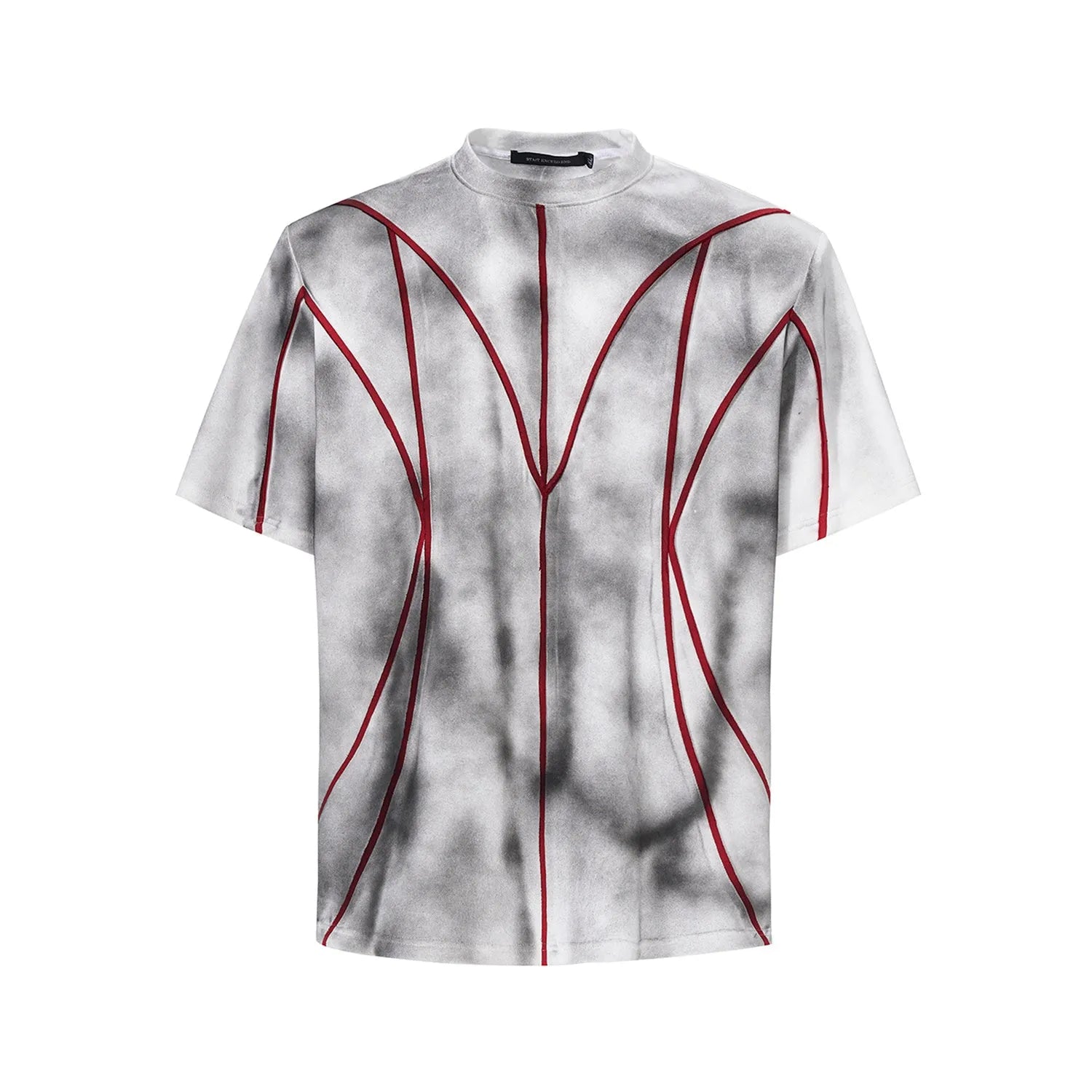 Padded shoulder short sleeve t-shirt with raised 3D line patchwork detailing on the front.