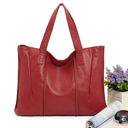 Top grain leather single shoulder tote bag in apricot with stitching and patchwork, soft genuine leather, women's daily wear bag.