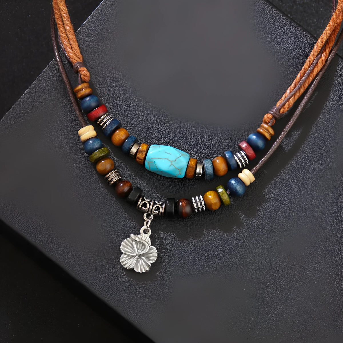 Men's wooden bead necklace with turquoise beads, wax rope cord and alloy geometric flower pendant