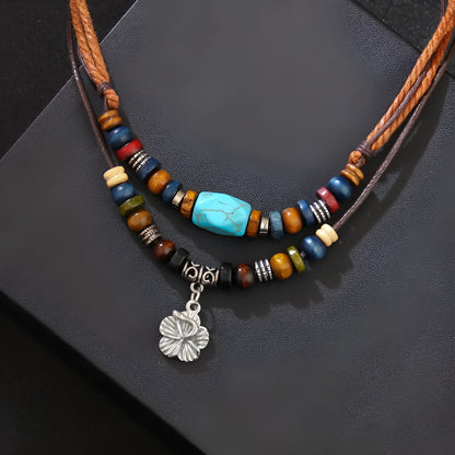 Men's wooden bead necklace with turquoise beads, wax rope cord and alloy geometric flower pendant