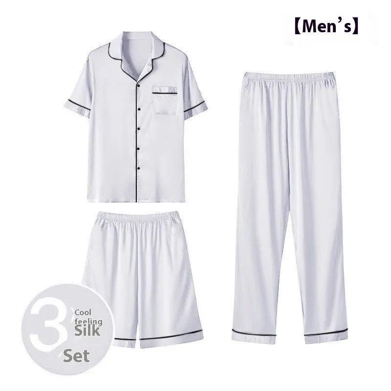 Men's black ice silk three-piece home wear set featuring a loose-fitting top with matching trousers and shorts.