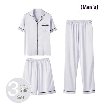 Men's black ice silk three-piece home wear set featuring a loose-fitting top with matching trousers and shorts.