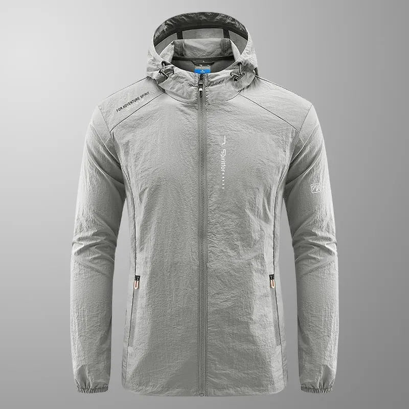 Light grey men's hooded nylon summer jacket on a hanger, loose fit.