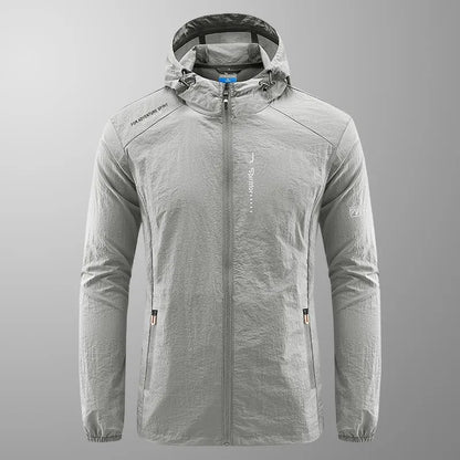 Light grey men's hooded nylon summer jacket on a hanger, loose fit.