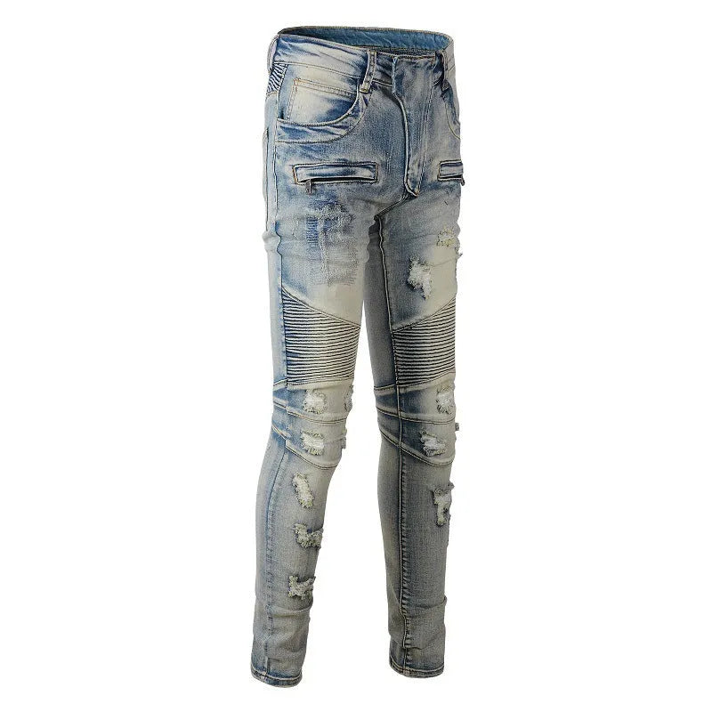Light blue men's distressed slim jeans with hand-frayed detailing and straight leg cut