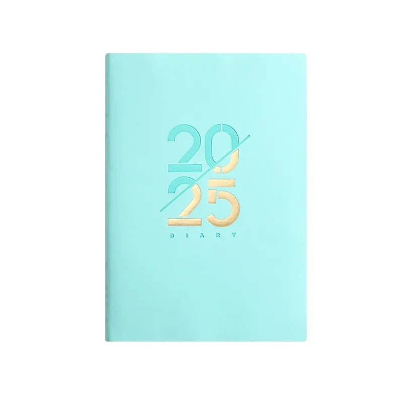 A5 daily planner with faux leather cover in blue, showing open pages and bound spine.