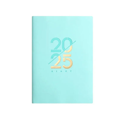 A5 daily planner with faux leather cover in blue, showing open pages and bound spine.